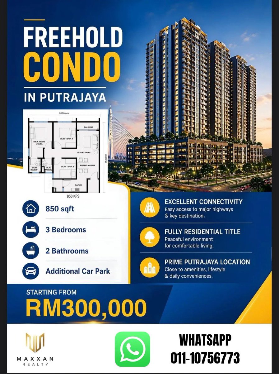 ArkmalNasir's tweet photo. KHAS UNTUK PENJAWAT AWAM DAN PENDUDUK PUTRAJAYA.
Ada SATU project RUMAWIP dekat gila dengan MRT Putrajaya Sentral.

🏡 850 sqft
🛋️ 3 Bilik 2 Bilik Air
🏎️ 1 parking / 2 parking
🏠 Freehold

Unit tak banyak dah gais boleh DM saya cepat! https://t.co/4H0D7ilJqC
