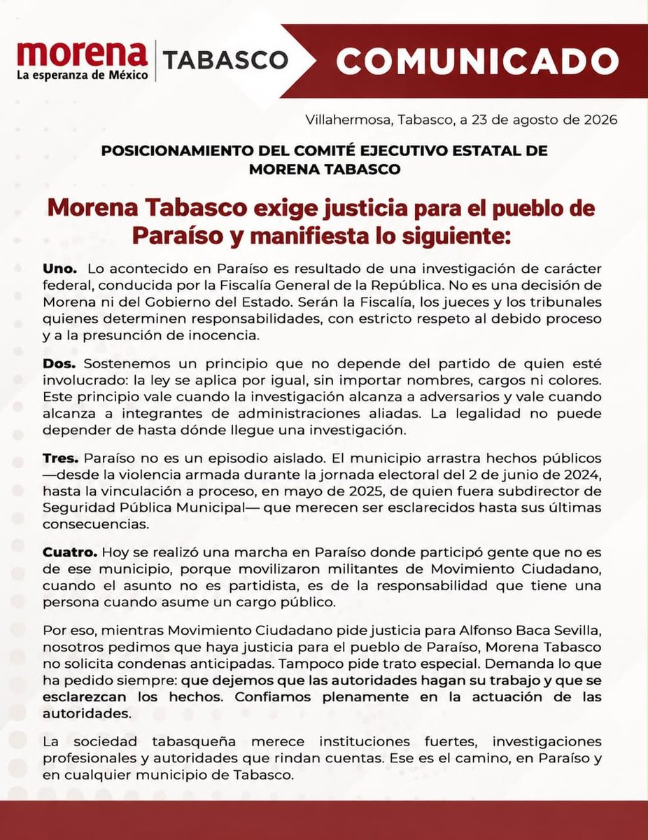 azucenau's tweet photo. 🔴Morena Tabasco exige justicia para Paraíso y aclara que la investigación contra Alfonso Baca es del ámbito federal.

El Comité Ejecutivo Estatal del partido se deslindó de las acciones legales tras la detención del alcalde, señalando que el caso responde a indagatorias de la FGR y no a una persecución política.

Acusó a Movimiento Ciudadano de politizar la marcha realizada en el municipio.

🗞️ @giltabasco