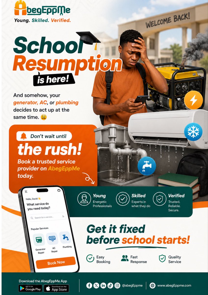 AbegEppMe's tweet photo. School resumption and somehow your home appliance all act up. Book on Abegeppme to fix them #NigeriaNews #FreeJulián #AyusoDimisión #serviceprovider https://t.co/OP1DmSBpAN