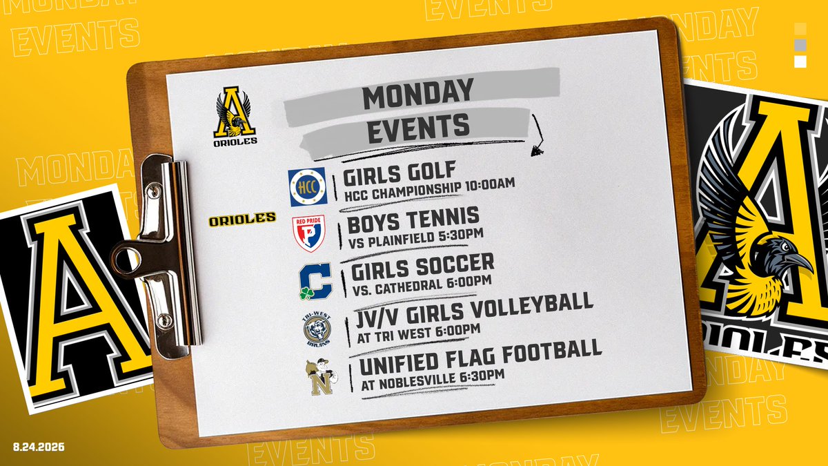 OrioleAthletics's tweet photo. Happy Monday, Avon! Don’t miss today's events! Come support our student-athletes as they give their all on the field and court! #GoAvon https://t.co/lnWGaMJ1Zt