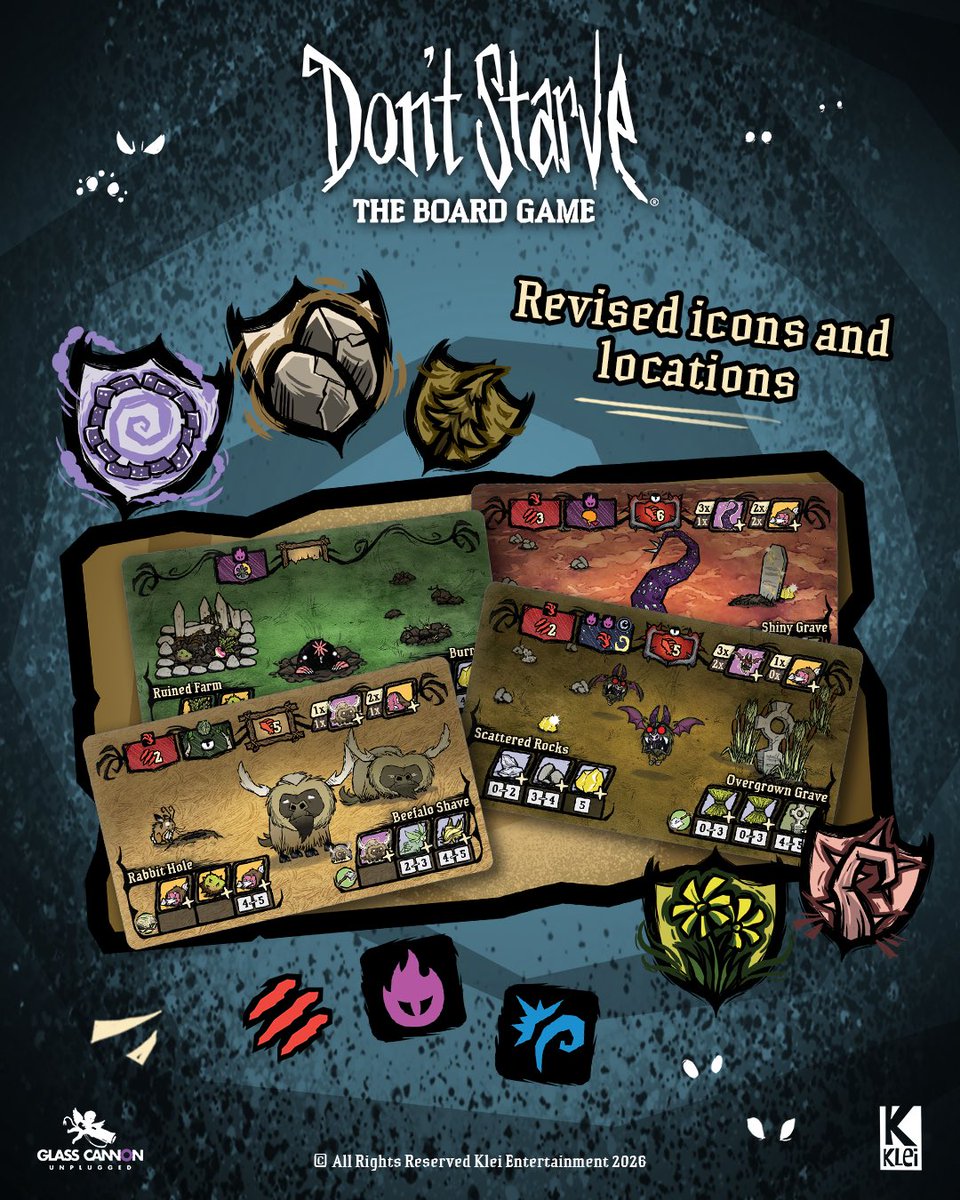 GCUtabletop's tweet photo. 👀 We’ve been busy! We’ve updated the iconography and Location cards in Don’t Starve: The Board Game, and revealed more about Lands Uncharted. New biomes, items, map-building options, scenarios and monsters await!

Late pledge 👉 https://t.co/hblJUAr91l

#boardgames #dontstarve https://t.co/bFJI91D6gw