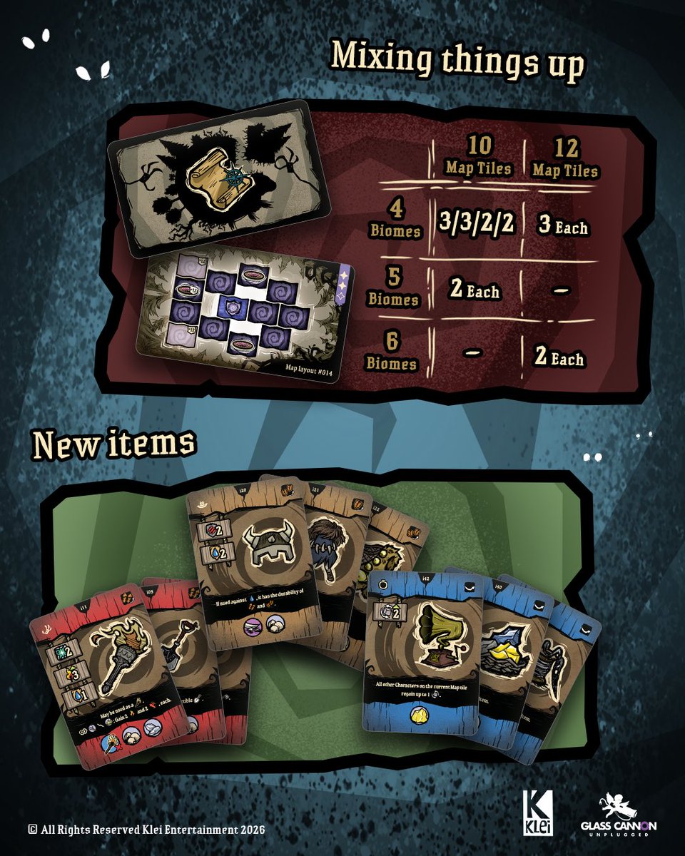 GCUtabletop's tweet photo. 👀 We’ve been busy! We’ve updated the iconography and Location cards in Don’t Starve: The Board Game, and revealed more about Lands Uncharted. New biomes, items, map-building options, scenarios and monsters await!

Late pledge 👉 https://t.co/hblJUAr91l

#boardgames #dontstarve https://t.co/bFJI91D6gw
