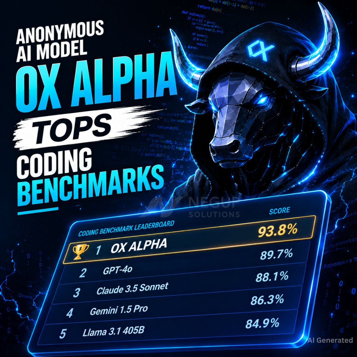 NegupSolutions's tweet photo. 🤖💻 Anonymous AI model Ox Alpha reportedly tops coding benchmarks, fueling speculation about what’s behind the mysterious system. 🔍⚡
Read the full blog here👇️
https://t.co/Nyt8U4hSnb
#AI #OxAlpha #CodingAI #Programming #MachineLearning #TechNews https://t.co/iI3GWIefwu