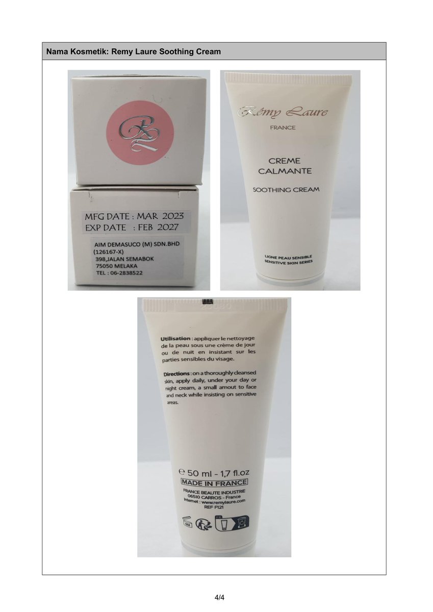 NewsBFM's tweet photo. KKM has urged the public to stop using Remy Laure Soothing Cream after it was found to contain hydroquinone, a scheduled poison prohibited in cosmetic products in Malaysia.

The product's notification has since been cancelled, and it is no longer permitted for sale.

🧵1 https://t.co/JWwgzZzYlO