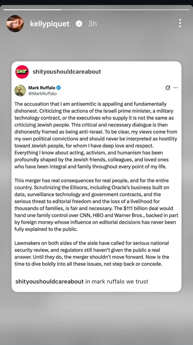 obsessf1on's tweet photo. wait.....did kelly piquet really just post a story about mark ruffalo criticising companies backing isr*el INCLUDING ORACLE which is redbull's title sponsor???? OKAY RESPECT #f1 https://t.co/QNsv8yNFjk