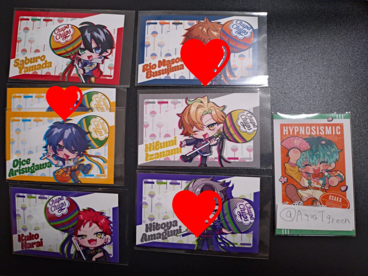 AquaTgreen's tweet photo. 【交換】ヒプノシスマイク ヒプマイ チュッパチャプス 特典 イラストカード
【譲】☆三郎  帝統 ☆一二三 ☆空却 
【求】 十四1 ☆乱数3（友人分）
出来ればまとめての交換・極力☆同士希望
郵送交換希望ですが10/4であれば、ライブ会場にて手渡し交換可能
検索からでもお気軽にお声がけください https://t.co/xj0u0iiLxY