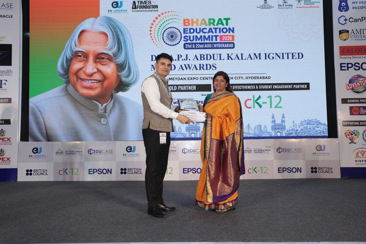 apsgolconda2's tweet photo. Proud moment for #APSGolconda 🏆 Principal Mrs. Anitha Karunakaran was honoured with the Dr. A.P.J. Abdul Ignited Mind Award 2026 for inspiring leadership and educational excellence. 🇮🇳 
@cbseindia29
@dprohyd https://t.co/RW25tZ9VGd