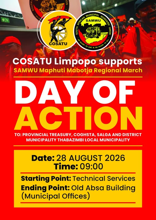 _cosatu's tweet photo. #COSATU Limpopo scheduled to pledge class solidarity with members of #SAMWU at Maphuti Mabotja Region as they lead a march at Thabazimbi local municipality, old ABSA Building on the 28th August, at 09h00
#Back2Basics
#ClassWar @CapricornFMNews @shiburyder @SABCNews @eNCA https://t.co/Mms35dUYvm