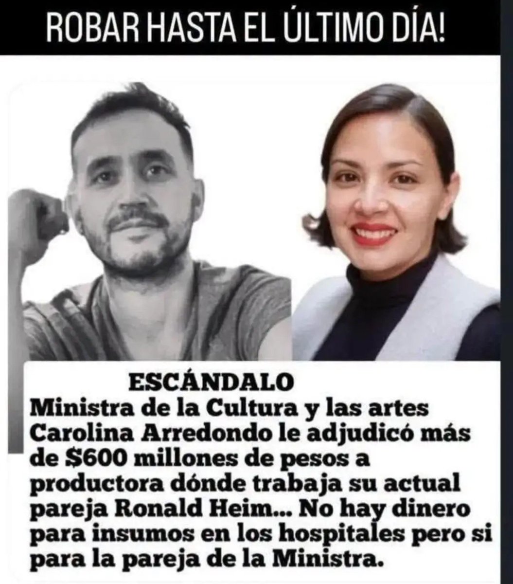 zurditabella261's tweet photo. $600 millones adjudicados a la empresa de la pareja de la ministra de las Culturas. No hay presupuesto para las urgencias del país, pero sí para la caja chica del círculo cercano. Cundo los llevan detenidos... secreto bancario a estos picantes ladrones https://t.co/wjiaFb0rns