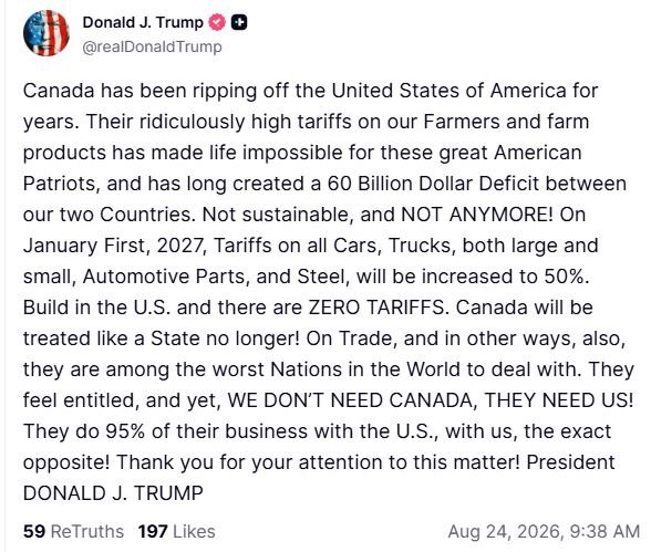 zerohedge's tweet photo. *TRUMP TO RAISE AUTO, STEEL TARIFFS ON CANADA TO 50%
*TRUMP SETS JAN. 1, 2027 FOR 50% CANADA TARIFF HIKE
*TRUMP: CANADA WILL BE TREATED LIKE A STATE NO LONGER
*TRUMP: WE DON’T NEED CANADA, THEY NEED US https://t.co/sITpNsMQbp