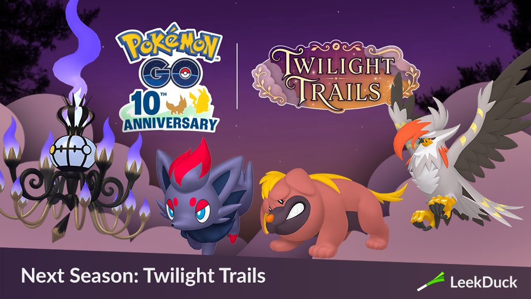 LeekDuck's tweet photo. Pokémon GO’s next season is called Twilight Trails.

The teaser posted earlier today shows the silhouette of Zorua transforming into Mega Chandelure, Mega Staraptor, and Maschiff. 

The next season begins September 8, 2026 https://t.co/7Ha1J6JpNp