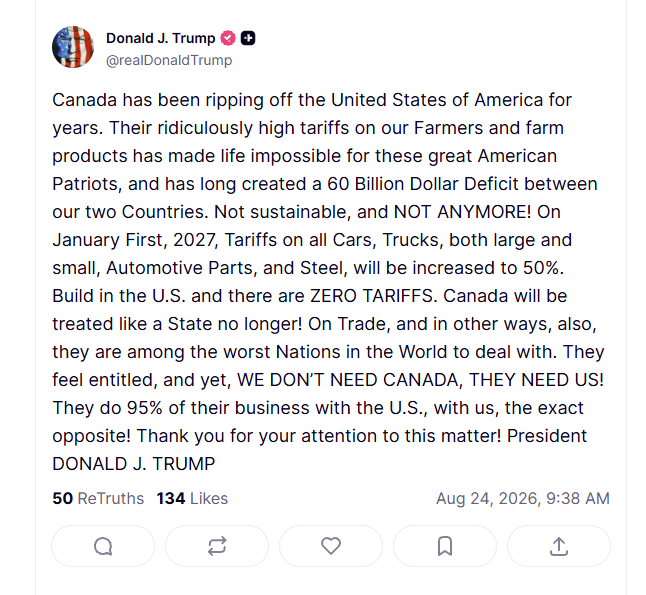 josh_wingrove's tweet photo. Trump escalates and says he'll double the auto tariff on Canada, effective Jan. 1, 2027, and begin tariffing auto parts at that rate (he's threatened that before but not enacted it; it's very complicated).

He also says steel will be tariffed at that level, though it already is. https://t.co/ruzX9XCHcn
