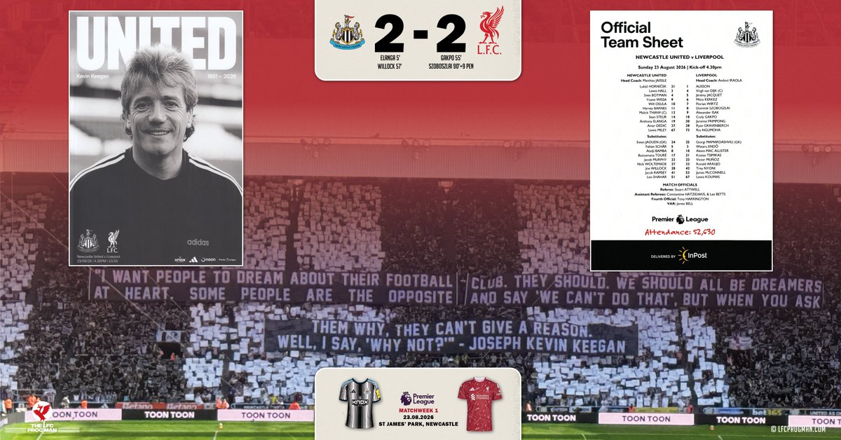 LFCProgMan's tweet photo. Newcastle United v Liverpool 23/8/2026 #NEWLIV #LFC 84-page official programme (No. 2) and teamsheet #LFCPROG
Fantastic effort from everyone involved in the Kevin Keegan tribute and great content as always in the @NUFC matchday programme 👏👏👏 https://t.co/7Fzfdnojtu