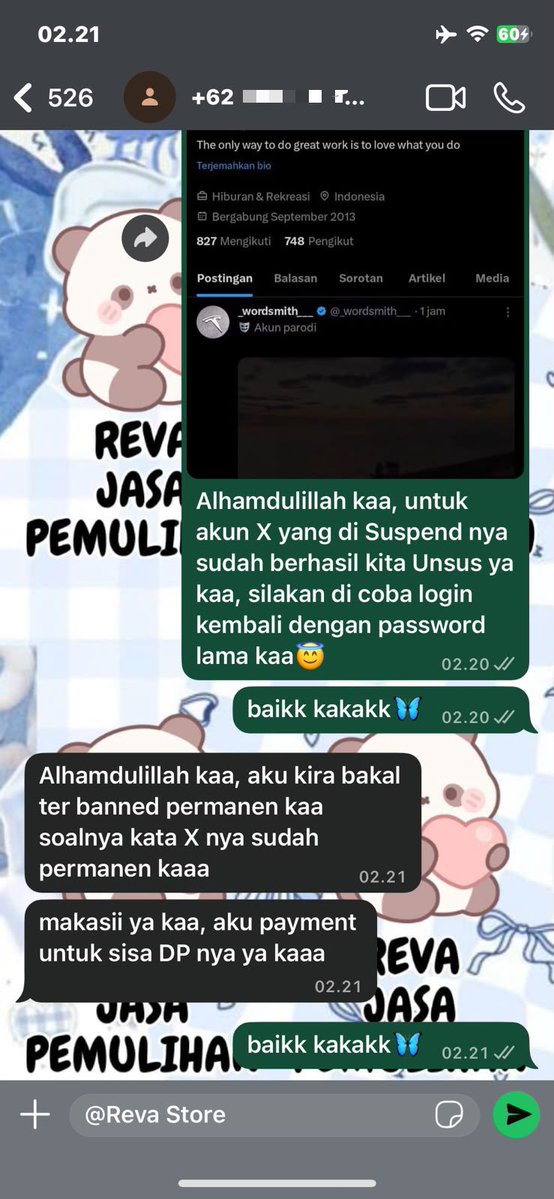 uuvwei's tweet photo. JASA PEMULIHAN AKUN &amp; Hapus Akun.

•Akun lupa pasword / ke hack 
•Jasa sadap
•Jasa unsuspend / suspend Akun X 
•Jasa hapus akun 
•Jasa hack 

Whatsapp,Gmail, Instagram, Telegram, Facebook, Tiktok, DLL

Full testimoni | Fast respon wa di bio. https://t.co/cT515w7SqN