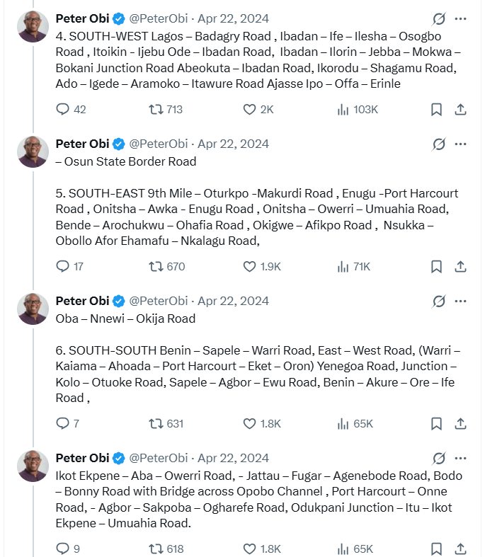 Xtopherewesi's tweet photo. Two years ago, Peter Obi listed all the major roads in the six regions of Nigeria which required urgent attention. 

At the time when PO made this tweet, the Edo-Agbor expressway had not deteriorated this badly.   

In fact, PO acknowledged that the budget for the Ministry of Finance in 2024, would probably not have been enough to fix these roads. 

Some of these roads are now death traps and unmotorable. People are spending days on the road to commute to their destinations. 

Edo and Delta state governments are controlled by APC, but instead of revamping their roads, they are focused on delivering their states for Tinubu in 2027.