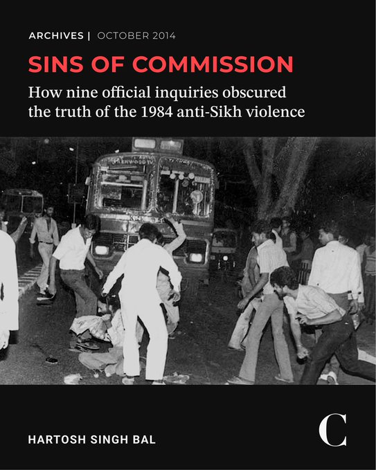 thecaravanindia's tweet photo. Archives | For many years, survivors, witnesses and observers have suspected that the violence was orchestrated by the highest echelons of the Congress party. Cases have been brought against some Congress leaders—notably Sajjan Kumar and Jagdish Tytler—but so far no senior politician or police officer has been sentenced.

Fresh evidence that figures in this piece suggests the orders for the violence came from the member of parliament Arun Nehru, a cousin and confidante of Indira Gandhi’s son and successor Rajiv. While this evidence is indirect testimony, it is strengthened by a considerable amount of circumstantial evidence available in the Misra and Nanavati reports. It also suggests that the conspiracy that led to the organised violence and the disjuncture between the commissions’ records and their findings are not two separate aspects of the tragedy—one followed from the other.

From October 2014, read Hartosh Singh Bal's (@HartoshSinghBal) report on How nine official inquiries obscured the truth of the 1984 anti-Sikh violence: https://t.co/lNkZADJ0Eq