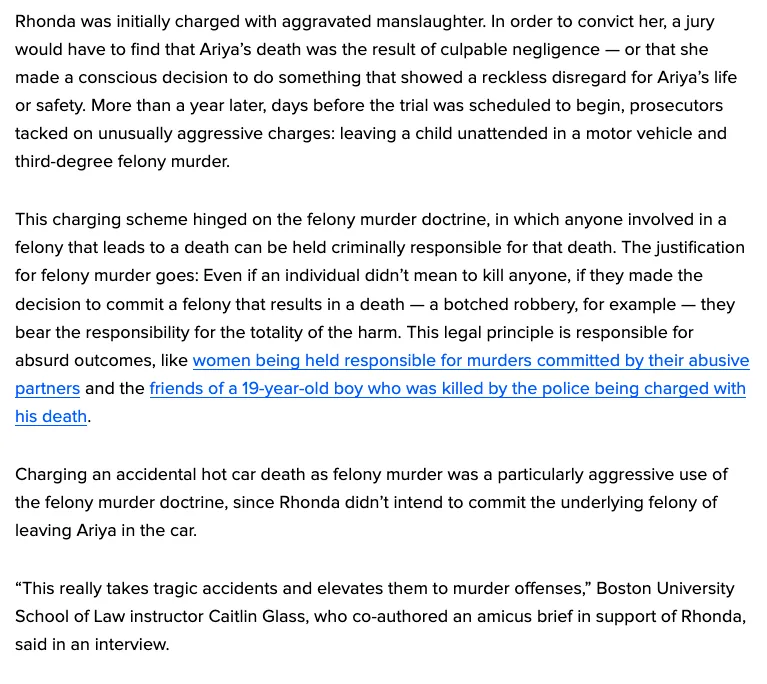 jessicaschulb's tweet photo. I wrote about how Rhonda’s case exemplifies the ways in which the felony murder doctrine can be used to punish tragic accidents as acts of murder, and how the focus on individual punishment over systemic fixes only puts more kids at risk https://t.co/6OCV6jLaZi