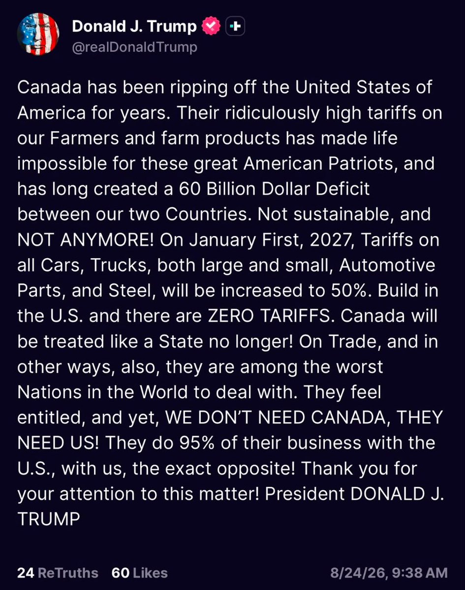 saifox2w8's tweet photo. 🇺🇸🇨🇦 ترامب يرفع الرسوم على كندا إلى 50% 🚨

اعتبارًا من 1 يناير 2027، تشمل الرسوم السيارات والشاحنات وقطع الغيار والصلب.

والتصريح الأكثر لفتًا:
«كندا لن تُعامل كدولة بعد الآن» 
#السوق_الأمريكي #تداول https://t.co/mCgTKyzgyA