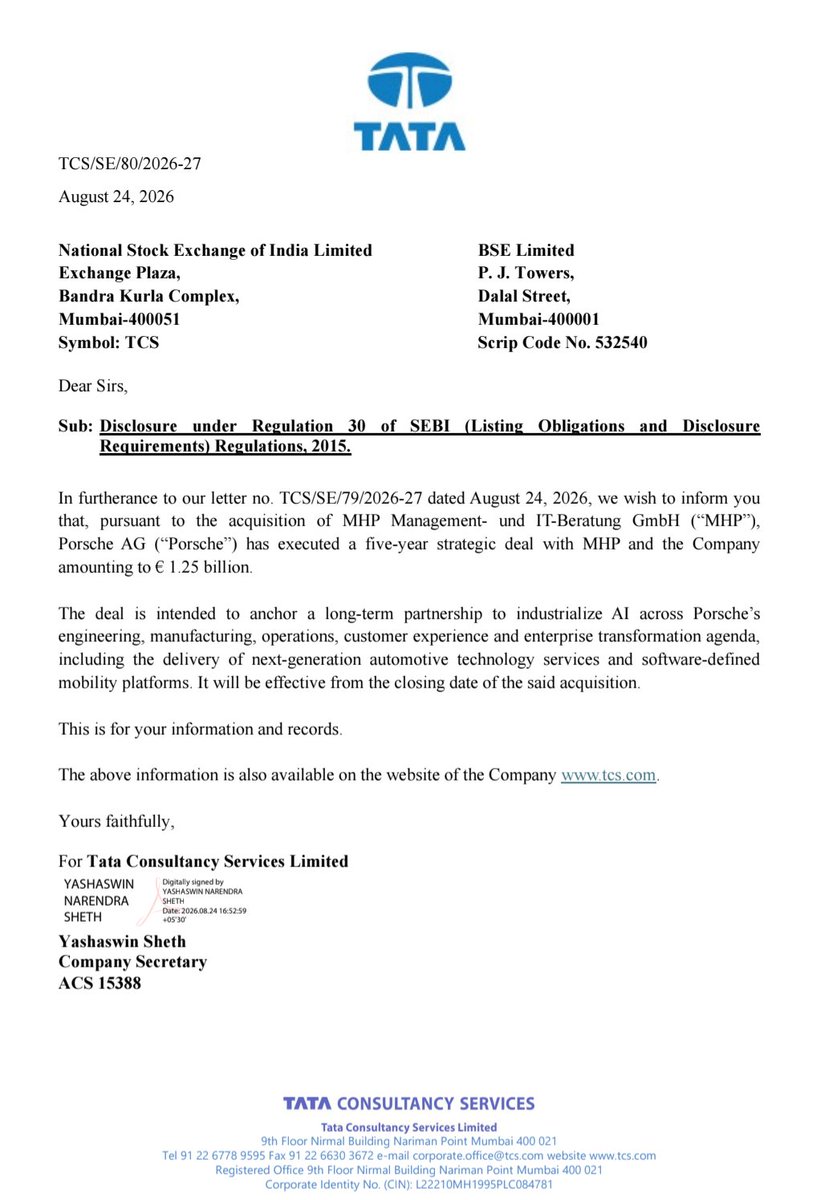 RudraRaj0's tweet photo. #TCS Update 

Pursuant to the acquisition of MHP Management- und IT-Beratung GmbH (“MHP”), 
Porsche AG (“Porsche”) has executed a five-year strategic deal with MHP and the Company 
amounting to € 1.25 billion

➡️ 12,500 Cr ₹ Order Win with acquisition🎉💹

$infy #NIFTYIT #AI https://t.co/xaUWocsz6Y