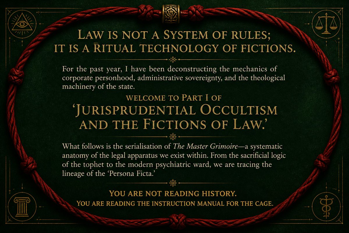 RhesusProtocol's tweet photo. "The law does not describe the world; it overlays a second, juridical reality upon the physical one."

[ch1.08]

#LegalTheory #Sovereignty 

https://t.co/Zzw2F1pIOg https://t.co/escqoClOo2