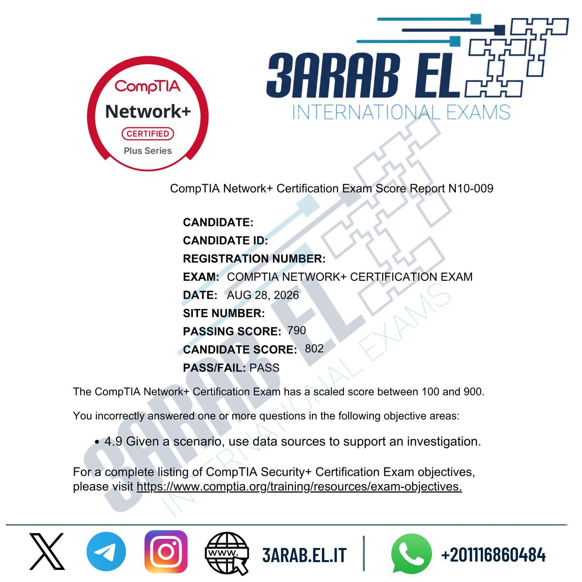 3arabelit's tweet photo. ألف مليووووووووون مبرووووووووووك لمهندسنا في المملكة العربية السعودية 🇸🇦🔥

نجاح جديد يُضاف إلى سلسلة نجاحات عرّاب الـ IT بعد اجتياز اختبار:

#Network_Plus
#N10_009
#CompTIA
#Networking

✅ Result: PASS
🏆 Candidate Score: 802 من 900
📊 Passing Score: 720
📅 Date: 28-Aug-2026

مع عرّاب الـ IT مش بنقدملك حجز اختبار وبس… إحنا معاك خطوة بخطوة من البداية لحد انتهاء الاختبار وظهور النتيجة ✅

متاح لدينا:

✔️ حجز جميع الاختبارات الدولية وتحديد الموعد المناسب
✔️ توفير الفوتشرات والتخفيضات على رسوم الاختبارات
✔️ تجهيز الحساب ومراجعة البيانات قبل موعد الاختبار
✔️ التأكد من جاهزية الجهاز والإنترنت وبيئة الاختبار
✔️ مساعدة ومتابعة مباشرة أثناء الاختبار في الجوانب الفنية والتنظيمية فقط
✔️ حل مشكلات تسجيل الدخول والـ Check-in والتواصل مع الدعم الفني
✔️ متابعة ظهور النتيجة والشهادة بعد انتهاء الاختبار

🌍 نقدّم خدماتنا للمهندسين في جميع دول العالم، أينما كنت.

📲 جروب التليجرام:
https://t.co/qGSrZXpqnp

📘 فيسبوك:
3ARAB EL IT
Wael El Zawawy

🌐 الموقع الرسمي:
https://t.co/JcDBvmFscG

📞 Phone / WhatsApp وجميع برامج التواصل والاتصال المباشر:
+201116860484

#وائل_الزواوي❤️
#عراب_ال_IT👩‍🎓👨‍🎓
#3ARAB_EL_IT
#CompTIA
#Network_Plus
#N10_009
#Networking
#Saudi_Arabia
