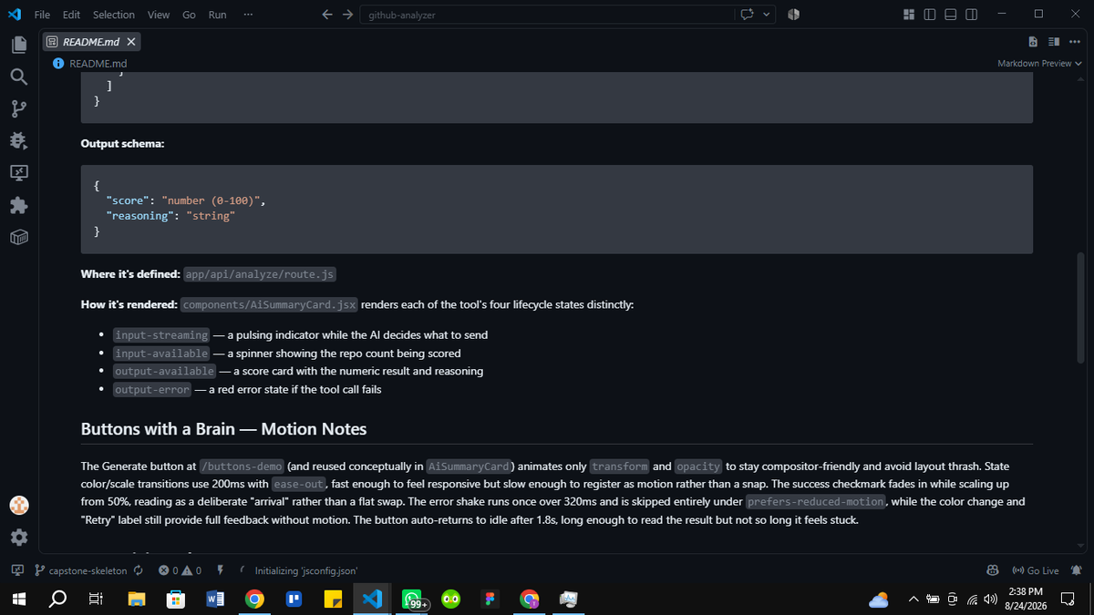 TheKingMaker37's tweet photo. I didn't post week 6, so...

Week 6 of my internship, and this one was all about the details.

I built an interactive button component with a full state lifecycle: idle, hover, loading, success, and error, each one flowing into the next with intentional motion. https://t.co/nak7JUoHfv