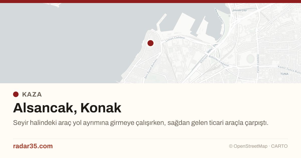 Radar35com's tweet photo. 🚗 KAZA — Alsancak, Konak

Seyir halindeki araç yol ayrımına girmeye çalışırken, sağdan gelen ticari araçla çarpıştı.

#SonDakika #İzmir #Konak #Kaza

https://t.co/eqG9wXE5cx https://t.co/b5NQxQJwCO