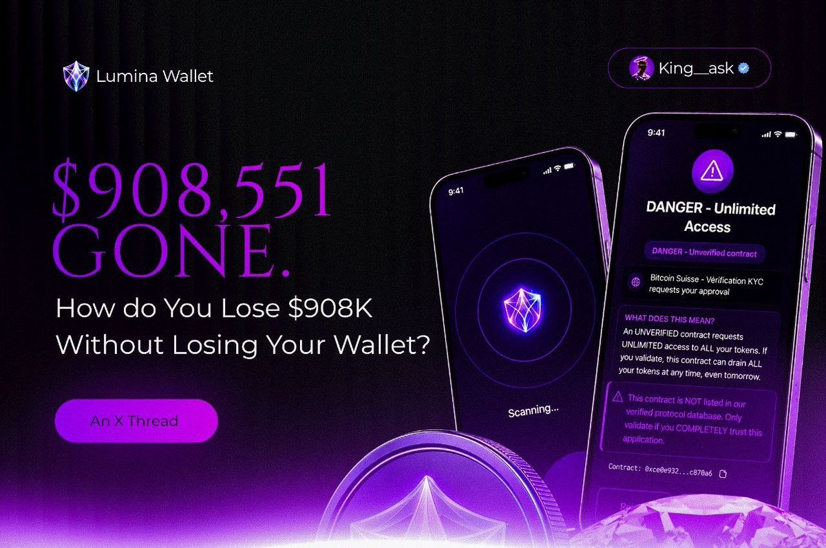 king__ask's tweet photo. Imagine checking your wallet one morning and realizing $908,551 in USDC is gone.

Your seed phrase is still safe.
Your wallet is still yours.

So how did someone take almost a million dollars?

The answer starts 458 days earlier.

🧵 https://t.co/3HgSDz41tn