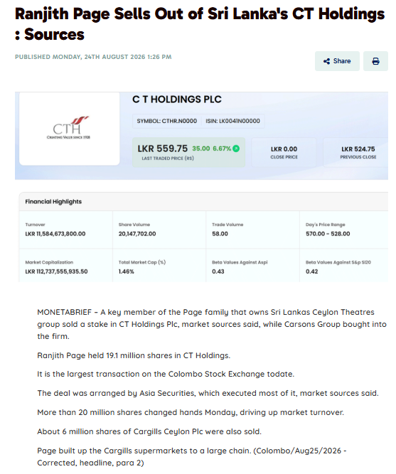 Channa_Amare's tweet photo. Crossings in #CTHR today saw #CARS group take ~10% in usually illiquid CTHR, with Director Ranjit Page being main seller
CARS can play the long game; will they ask/get a Board position?
- Likely to have sounded out CTHR Board
What will Ranjit Page's next move be? 🤔
#CSE #lka https://t.co/JChUNiiyqf