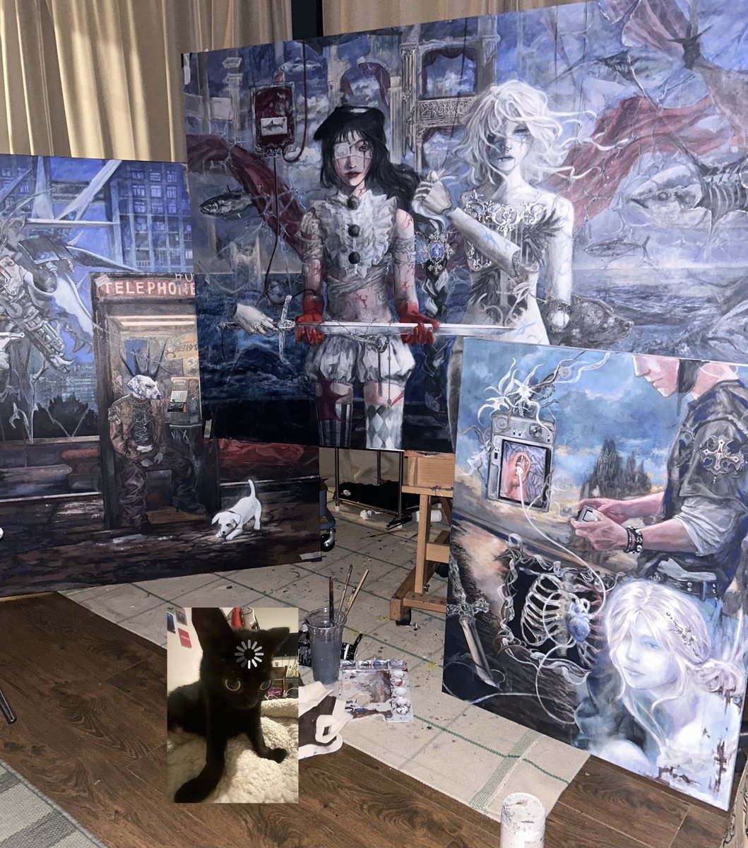 bluexclamation's tweet photo. me against my unfinished paintings ((จบงานไม่เป็น)) https://t.co/TChKBAfeTa