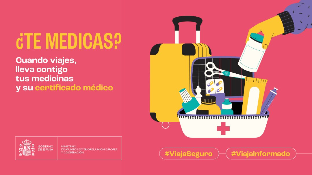 MAECgob's tweet photo. ✈️ ¿Viajas al extranjero este verano?

💊 Recuerda llevar tus medicinas con su correspondiente certificado médico.
 
#ViajaSeguro y #ViajaInformado.

ℹ️ Más información en https://t.co/TzDbl7tozU https://t.co/QXSiQF9Yrk