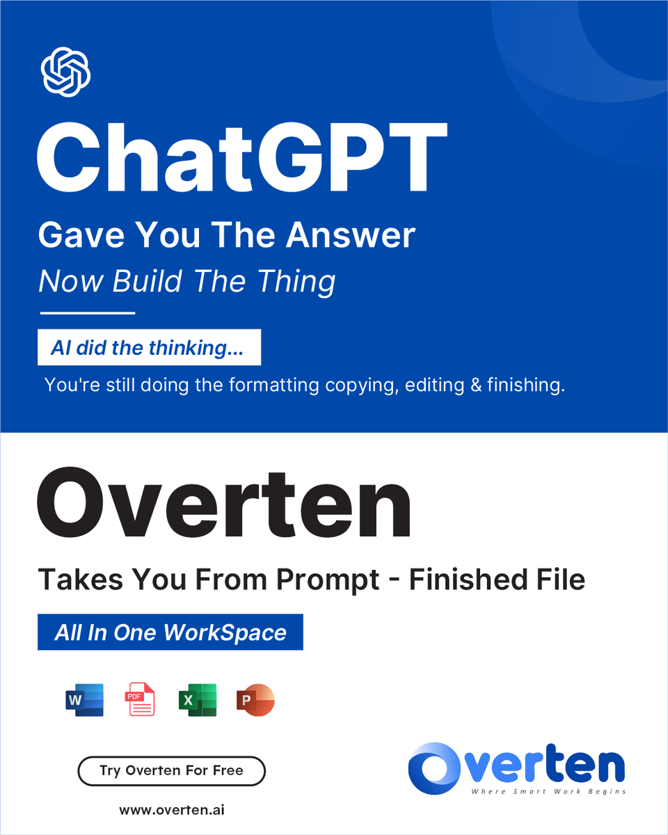 overtenai's tweet photo. ChatGPT told you how...now build the thing.
Copy. Paste. Format. Edit. Rebuild..Too much work

Overten takes you from a single prompt to a finished Word document, Excel workbook, PPT Presentation or PDF in Minutes!

https://t.co/Rd2dlzW6d9

#OvertenAI #AI #Word #Excel #PDF #PPT https://t.co/PbIHWK0csI