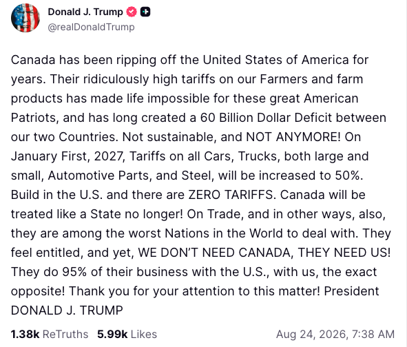 SheilaRenne's tweet photo. 🚨🚨
Anuncia @realDonaldTrump aumento del 50% a aranceles a todos los autos, camiones, autopartes y acero de Canadá a partir del 1 de enero de 2027 https://t.co/Y9zubhzOb2