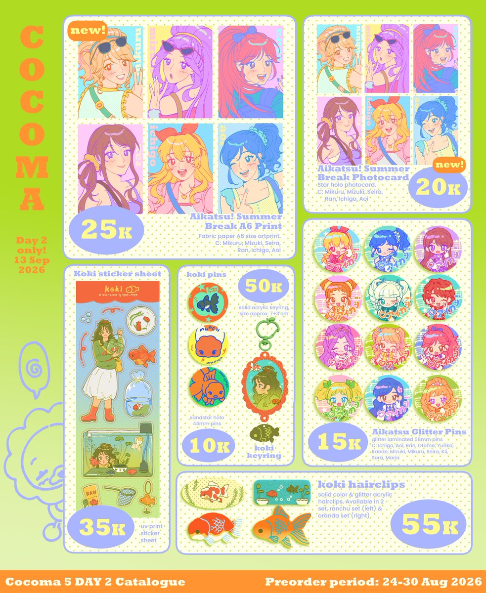 ubokina's tweet photo. [RTs are appreciated! ( ＾ω＾ )🌻]

Haloo here's my #cocoma5 catalogue as well as batch 1 preorder for #tokiofest #comipara7 and #cf23! (Pickup preorder only)

🫝 Preorder period: 24-30 Agustus 2026
🫝 preorder link: ⬇️
Fandoms: KiiiKiii, originals, Aikatsu, PLAVE, ROF-MAO https://t.co/uVkaRBVDCE