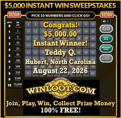 Winloot's tweet photo. 🥳Big congrats to $5,000 Instant #Winner - Teddy Q. of Hubert, North Carolina, August 22, 2026!💸🏆

✔️Play Winloot 100% FREE: https://t.co/Iijor0K0oc
100+ Ways to #win up to $10,000,000!🆓 https://t.co/Mya6nfPZGn