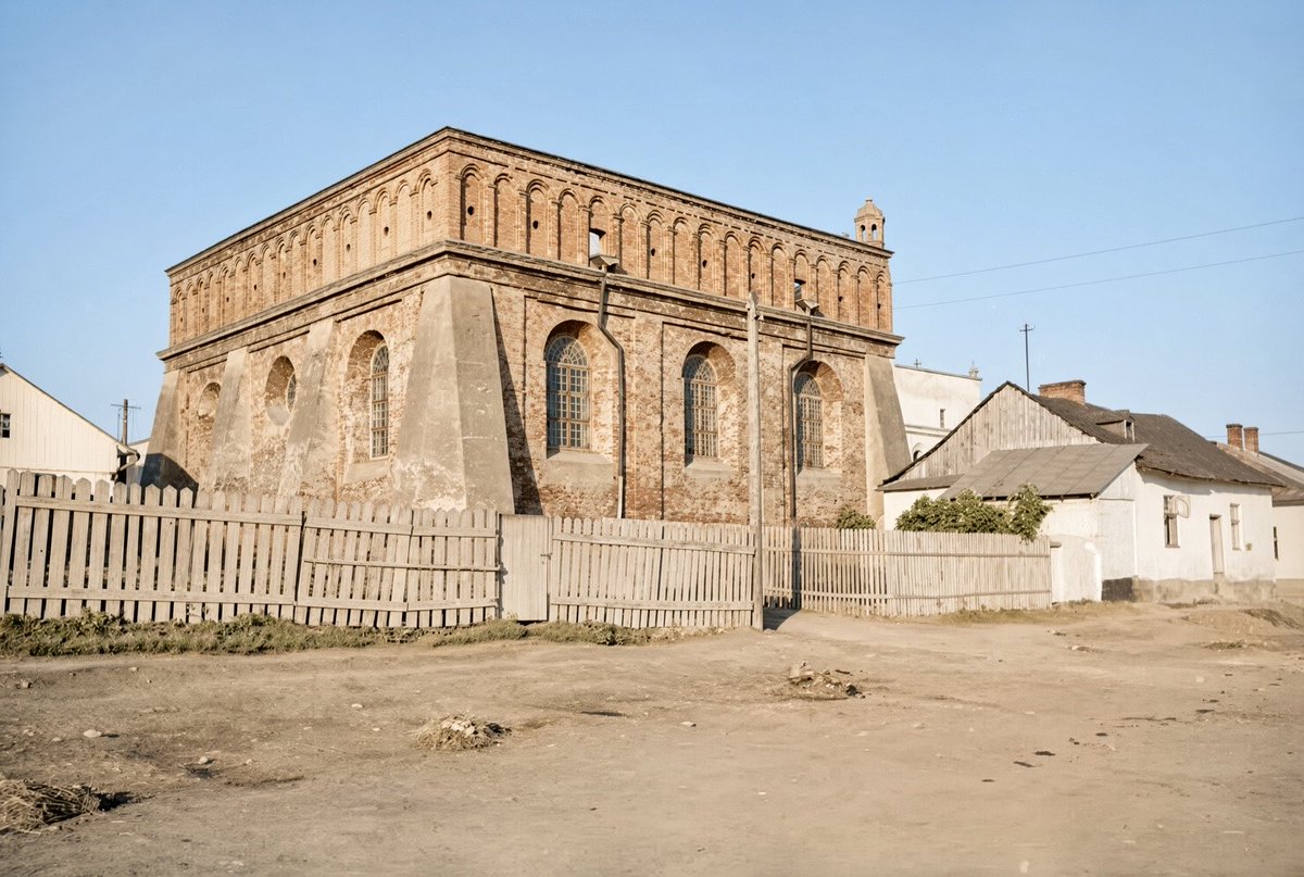 jewishhistoryst's tweet photo. A photo of the historic Great Synagogue in Zhovkva (formerly Żółkiew, Poland/Ukraine), built between 1692 and 1698 and standing as one of the largest and most impressive Renaissance-baroque fortress-style synagogues in Eastern Europe.   1930s in color by Henryk Poddębski.  Original in comments. 

Built in the late 1690s with support from King John III Sobieski.

Designed with thick walls and loopholes so it could double as a bastion in the town walls during attacks.

World War II: Heavily damaged when German forces set it on fire and tried to blow it up in 1941.

Soviet Era: Used as a warehouse after partial exterior repairs in the 1950s.

It lies in ruins today.