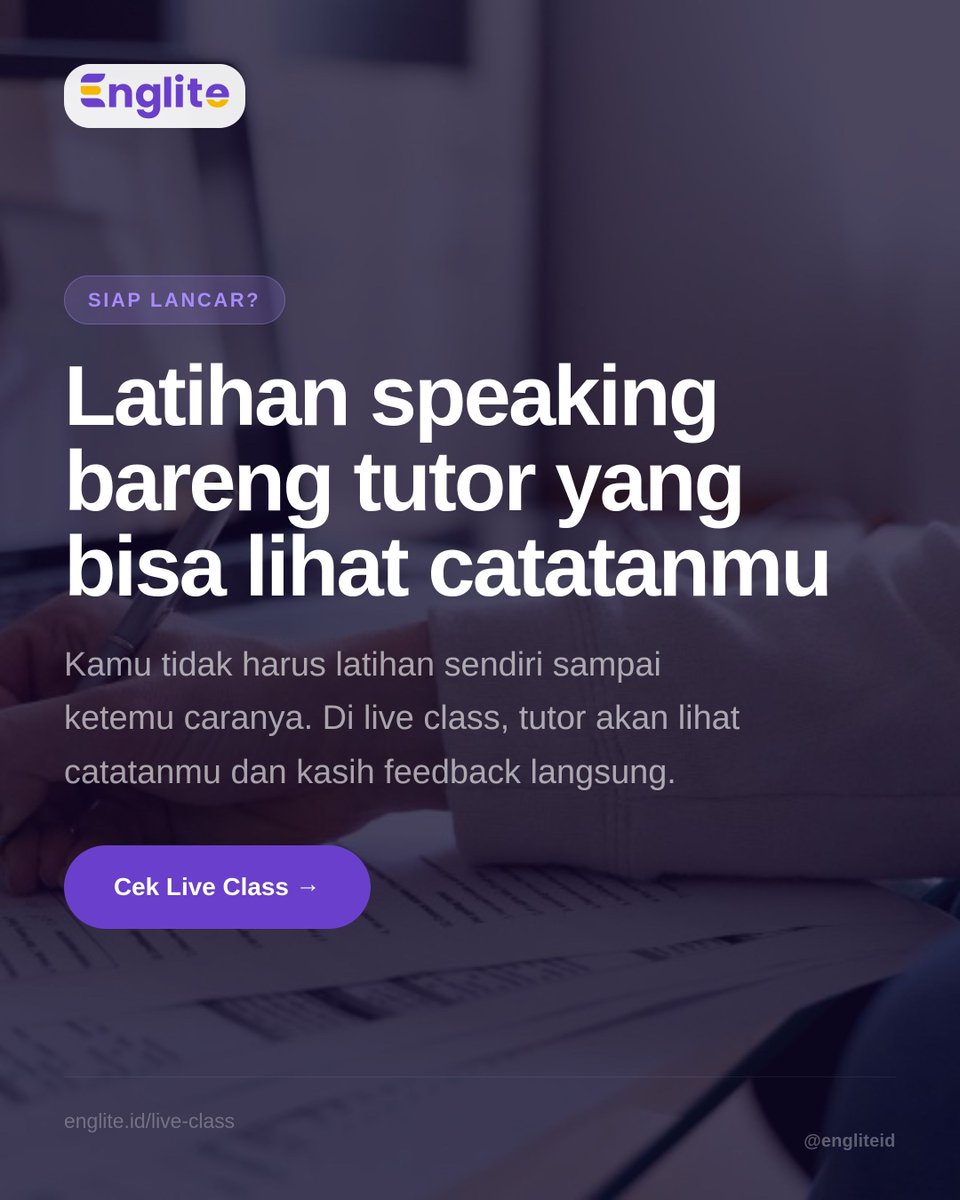 EngliteID's tweet photo. Kalau mau belajar langsung dari tutor yang bisa lihat catatanmu dan koreksi saat itu juga, cek live class Englite di link bio.
#IELTSSpeaking #BelajarIELTS #IELTSPart2 #TipsIELTS #Englite #SpeakingPractice https://t.co/VrzLofEaWK