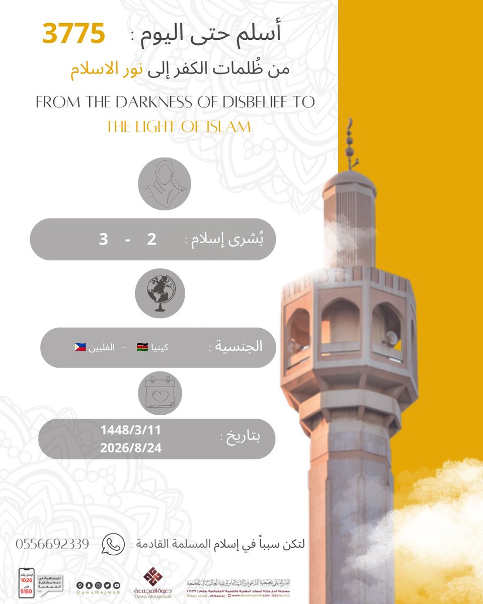 n_dawalmajmah's tweet photo. 🌿 فرحةٌ تُعانق السماء..
الحمد لله الذي أخرج قلوبًا من الظلمات إلى النور، مبارك إسلام أخواتنا من كينيا 🇰🇪 والفلبين 🇵🇭.
اللهم اجعلهنّ هاديات مهتديات، وزدهنّ إيمانًا ويقينًا. https://t.co/sMnstunm62