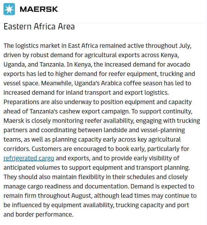 PesaWall's tweet photo. Maersk have shared an update on the logistics market in East Africa:

—In Kenya, higher demand for avocado exports has led to higher demand for reefer equipment, trucking and vessel space.
—Customers are navigating disruptions to the Middle East Network, port congestions and new Advanced Cargo Manifest process from KRA.
—Maersk introduced new emergency freight rate for cargo loaded from or destined to ports in Iraq, UAE, Kuwait, Qatar, Bahrain, Oman and Saudi Arabia.
—Maersk also added a fee for any vessel transiting the Strait of Hormuz on top of the emergency freight rate.