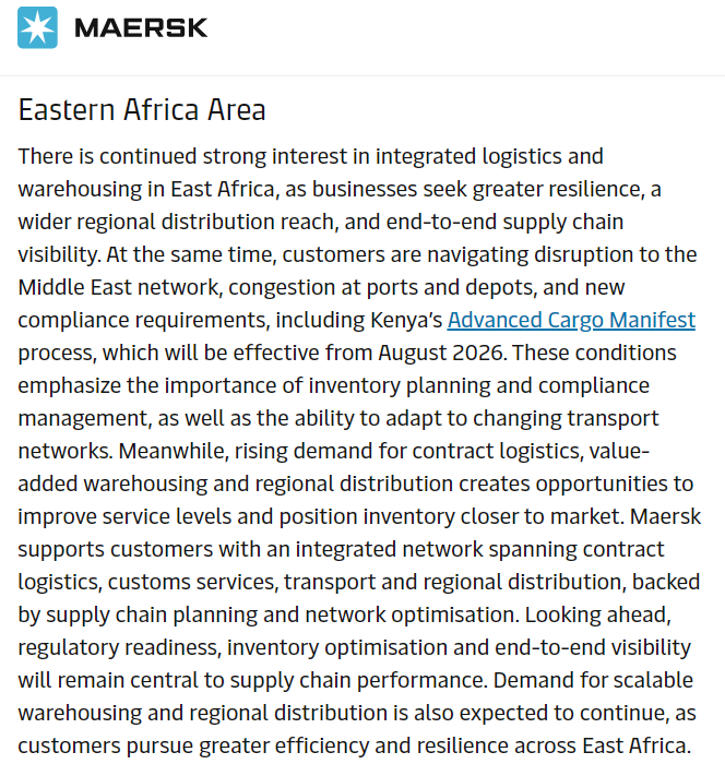 PesaWall's tweet photo. Maersk have shared an update on the logistics market in East Africa:

—In Kenya, higher demand for avocado exports has led to higher demand for reefer equipment, trucking and vessel space.
—Customers are navigating disruptions to the Middle East Network, port congestions and new Advanced Cargo Manifest process from KRA.
—Maersk introduced new emergency freight rate for cargo loaded from or destined to ports in Iraq, UAE, Kuwait, Qatar, Bahrain, Oman and Saudi Arabia.
—Maersk also added a fee for any vessel transiting the Strait of Hormuz on top of the emergency freight rate.