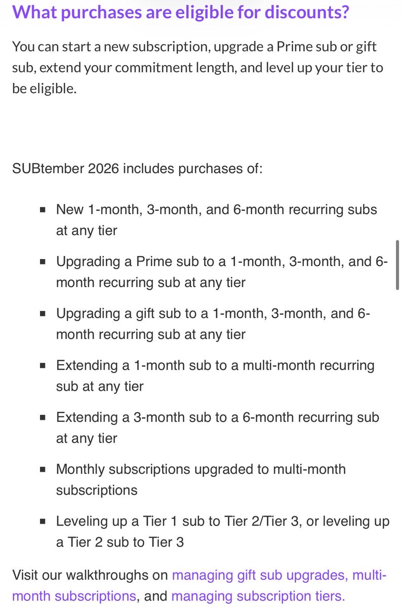 chillinwith_dev's tweet photo. Hey streamers, before you dive head on into a Subathon, here’s a few important details regarding this years SUBTEMBER…

🚫 Recurring subs are NOT discounted
🚫 Gifted subs are NOT discounted
       (outside of already existing discounts)
⚠️ Bonus Bits are ONLY for Custom Power Ups
       (minimum 100 bits)
⚠️ Bonus Subs are for 1 week
       (9/26 - 10/1)

How to best prepare for an optimal SUBTEMBER event…

⭐️ Advise your 1 month regular subscribers to cancel their sub in advance before purchasing a NEW 1 month sub at the 25% discount 
⭐️ Encourage subscribers to upgrade to a multi-month OR higher Tier sub to receive a discount
⭐️ Offer offline benefits like exclusive Discord chat channels, movie/game nights to higher Tier subs
🤩 Push for Plus Program - 3 month subs get 30% off, if enough members do that and even consider upgrading to a higher tier you can have a fair shot at reaching your plus points goal
💎 Set up a few Custom Power Ups to benefit from the 10% Bonus Bits from Sep 12 - Sep 18 (minimum 100 bits)

All info found at https://t.co/sUDShxNw85