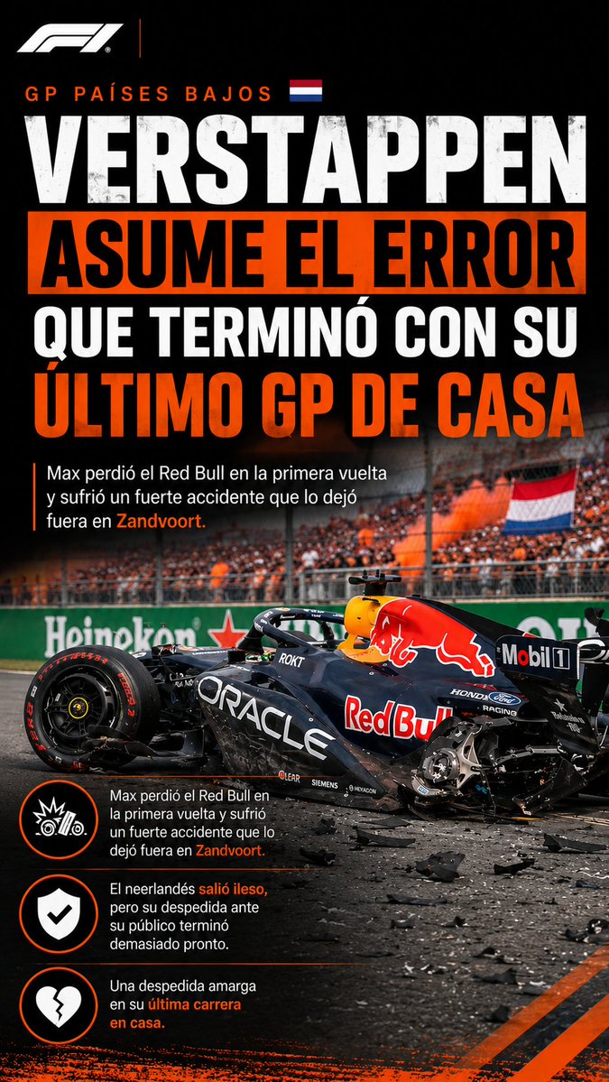 f1stats_net's tweet photo. #Verstappen asume el error que terminó con su último GP de casa.

Max perdió el Red Bull en la primera vuelta y sufrió un fuerte accidente que lo dejó fuera en Zandvoort.
El neerlandés salió ileso, pero su despedida ante su público terminó demasiado pronto.

#F1 #RedBull #DutchGP https://t.co/UgujzaP1KM