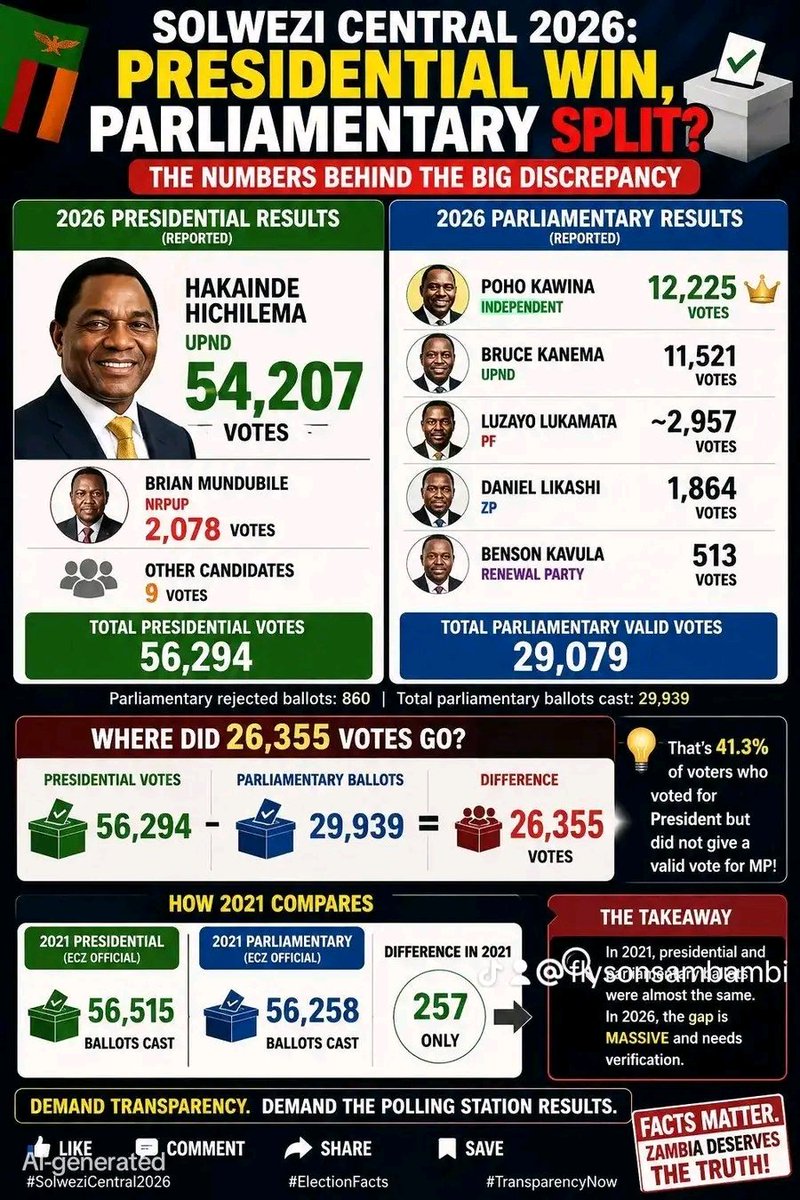 MuleyaMapfumo's tweet photo. @daddyhope Solwezi central Total for presidential votes 56 294. Total  votes parliamentary 29 079. Difference of 27200????? https://t.co/GGXHI9LYSR