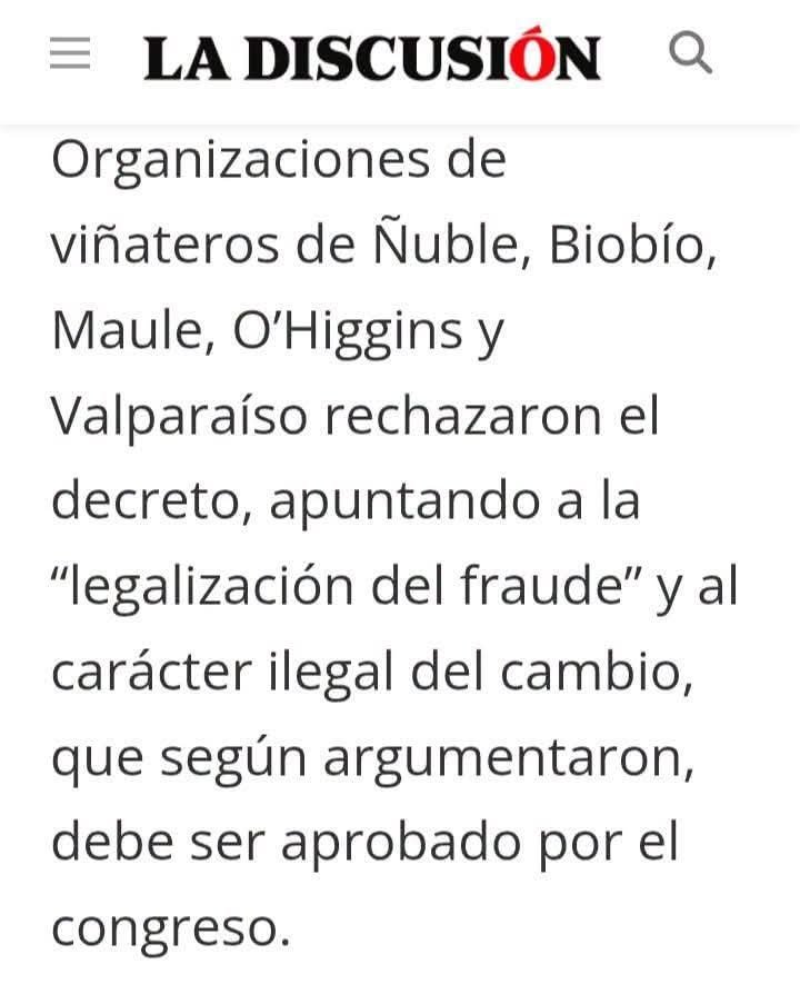 vinaterosBioBi's tweet photo. 🔴Organizaciones viñateros Ñuble, Biobío, Maule, O’Higgins y Valparaíso rechazaron decreto q crea  "vino bajo alcohol" , apuntando a la “legalización del fraude” y al carácter ilegal del cambio, que según argumentaron, debe ser aprobado por el congreso.

https://t.co/q2ZqD1Lu47 https://t.co/LSyOwx8gQx