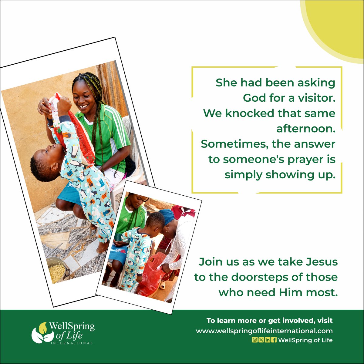 WellSpring_Life's tweet photo. Sometimes, God answers a prayer by sending someone to the door. It may have seemed like a simple visit to us, but to her, it was an answer to prayer.

May we always be willing to show up when God sends us.

#WellspringOfLife #BeTheAnswer #FaithInAction https://t.co/Ha2WirJXE0