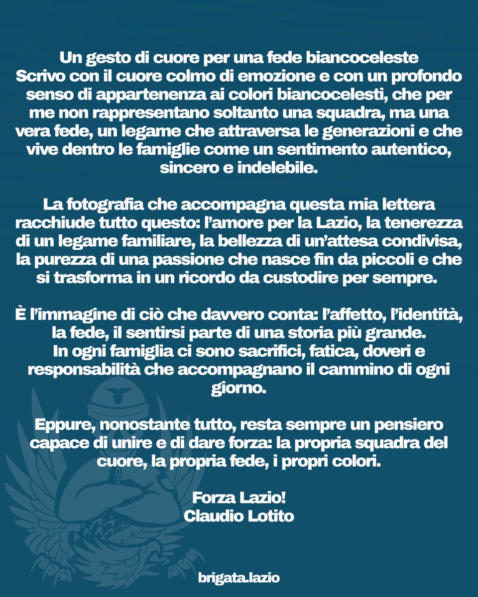 BrigataLazio's tweet photo. C’è un limite oltre il quale anche le parole più toccanti perdono di significato. Sul sito ufficiale della Lazio compare una lettera strappalacrime, condita da scatti ad effetto con bambini, firmata da chi per anni ha scelto la linea dello scontro sistematico con i Laziali e la loro Storia
.
La passione e il senso di appartenenza non si ricostruiscono a tavolino con operazioni di facciata o strumentalizzazioni mediatiche dell’innocenza dei più piccoli per ripulire un’immagine compromessa. 

Il rispetto per il Popolo Laziale si dimostra con i fatti, non con le sceneggiate.

Tempo scaduto.