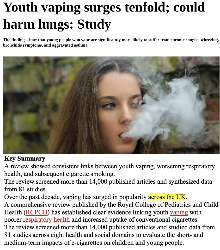 jclarkmiller's tweet photo. Youth vaping tragically surging in the UK? And worldwide, from reports. 
Why couldn’t triumphant American expert public health approaches that have defeated youth vaping simply be shared with other less fortunate nations? https://t.co/4c35RXJLp9 
In America, exceptional public health victories https://t.co/q4LPIujuRA 
are affirmed for us by top media and experts, https://t.co/7AZNqVAod1 
proven by scientific national surveys https://t.co/KOmGxqzEdQ 
and exceptional outcomes https://t.co/mjSGdn6SPp 
Must the remarkably successful approaches be kept secret? Otherwise, why not share them with the rest of the world to benefit other youth at risk?