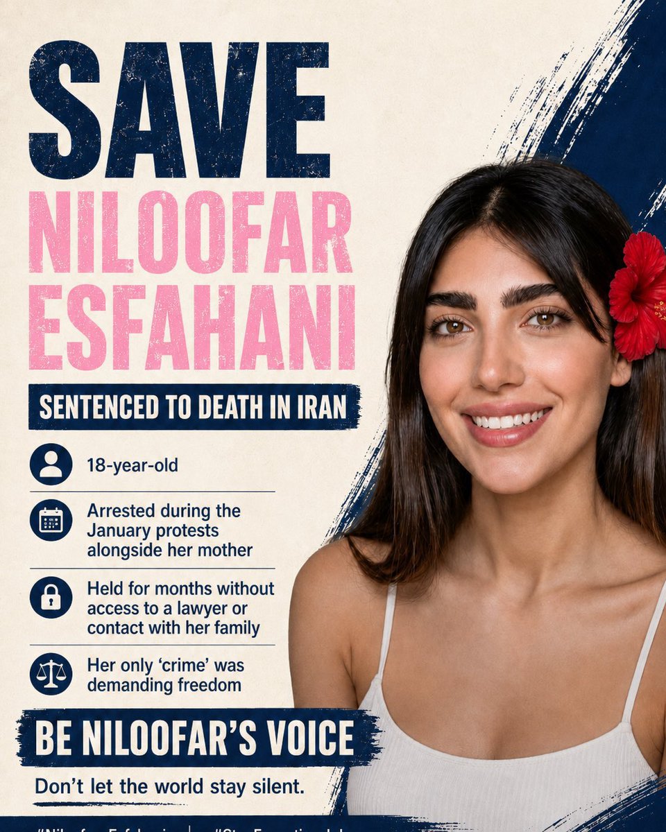 pink4iran's tweet photo. 🚨 EXECUTION ALERT
NILOUFAR ESFAHANI, 18
Niloufar Esfahani was taken from her home in Qazvin with her mother on January 10.
Reports say the Islamic regime has sentenced her to death.
She is only 18.
Until Niloufar’s safety and freedom are independently confirmed, the world must keep asking:
WHERE IS NILOUFAR ESFAHANI?
#نیلوفر_اصفهانی