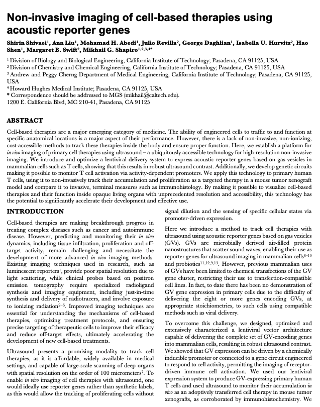 NikoMcCarty's tweet photo. It is possible to image cells (using ultrasound) as they move through the body. This could transform medicine.

Consider a pharmaceutical company that wants to test whether an engineered immune cell, such as those used for CAR-T therapy, can detect and destroy cancer cells. At least six types of CAR-T cells have already passed through clinical trials and earned FDA approval. But during these clinical trials, only a handful of indicators are measured: the number of cells infused into the body, the size of the tumor over time, and some blood marker proxies for the immune system’s activity. Just about everything happening inside the body itself—the number of cells that make it to a tumor, the time it takes for them to reach that tumor, or the route by which they get there—is a mystery. But now there is a technology that enables us to *actually* figure out where those CAR-T cells moved through the body.

The secret is gas vesicles, or little protein shells that trap gas, rather than liquids or solids. If you engineer cells to express these gas vesicles, then they will show up very strongly on ultrasound scans (because everything else in the body is liquid; so the air acts as a contrast agent.)

In one paper, Mikhail Shapiro’s group at Caltech did exactly this. They used a lentivirus to put “acoustic reporter genes” (aka gas vesicles) into T cells, injected those T-cells into mice with cancer, and then watched “their function inside opaque living organs.” Brilliant.

(The image below is an E. coli bacterium with these gas vesicles.)