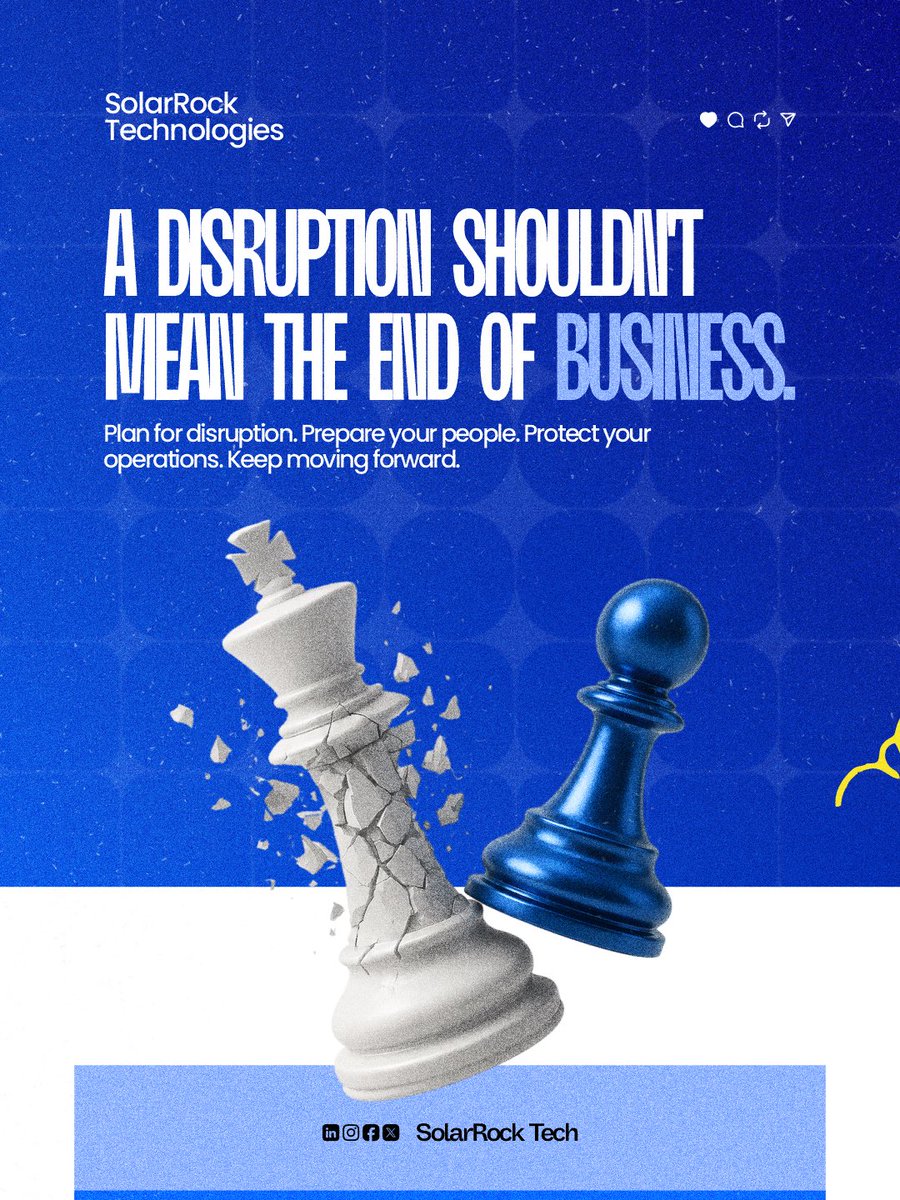 solarrocktech's tweet photo. A disruption shouldnโt end the business.
Systems fail. Cyberattacks happen. Outages occur. The real question: How fast can you recover?
Plan. Prepare. Protect. Recover.
#BusinessContinuity #OperationalResilience #DisasterRecovery #Cybersecurity https://t.co/6P16G4QzPM
